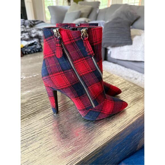 Qupid Red & Blue Plaid Double Zipper Punk Heeled Booties sz 6.5 NWOT - Picture 1 of 7